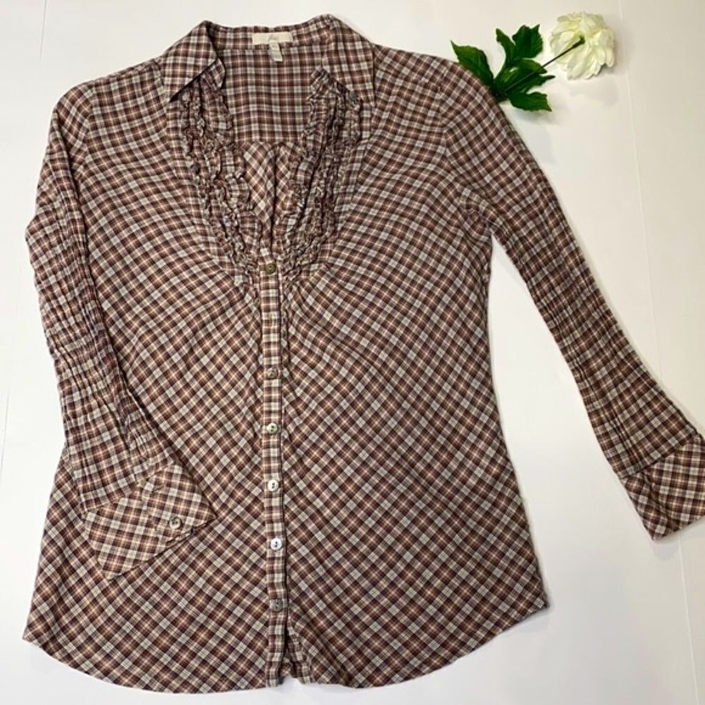 Joie Ruffle V-Neck Lightweight Cotton Plaid Prairie Button‎ Down Shirt XS